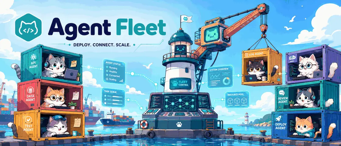 Agent Fleet illustration: agents at work in shipping containers around a lighthouse labelled Fleet Control